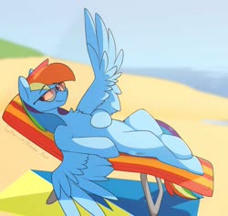 Size: 2773x2626 | Tagged: safe, artist:renderpoint, rainbow dash, pegasus, pony, g4, beach, beach chair, belly, chair, chest fluff, female, high res, mare, on back, solo, spread wings, sunglasses, wings