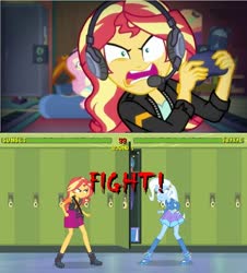 Size: 747x826 | Tagged: safe, artist:mlpfan3991, edit, edited edit, edited screencap, screencap, fluttershy, sunset shimmer, trixie, equestria girls, g4, my little pony equestria girls: better together, canterlot high, fighter, hallway, headset, lockers, meme, midway, midway arcade, mortal kombat, sunset shimmer frustrated at game, sunset's apartment, versus, video game