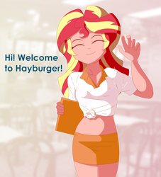 Size: 6060x6662 | Tagged: safe, artist:vidorii, sunset shimmer, human, equestria girls, g4, burger, clothes, female, food, front knot midriff, hay burger, human coloration, midriff, skirt, smiling, solo, text