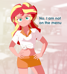 Size: 6060x6662 | Tagged: safe, artist:vidorii, sunset shimmer, human, equestria girls, g4, burger, clothes, female, food, front knot midriff, hand on hip, hay burger, looking at you, midriff, skirt, smiling, solo, text