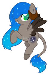 Size: 851x1309 | Tagged: safe, alternate version, artist:skulifuck, oc, oc only, oc:aries, demon, demon pony, original species, colored, ethereal mane, flying, horn, leonine tail, rearing, simple background, starry mane, transparent background, wings
