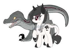 Size: 2400x1700 | Tagged: safe, artist:skulifuck, oc, oc only, oc:fossil fen, oc:rouge, dinosaur, pony, unicorn, velociraptor, bedroom eyes, colored hooves, duo, eyelashes, female, fossil, freckles, leonine tail, makeup, mare, open mouth, raised hoof, sharp teeth, simple background, story included, teeth, transparent background