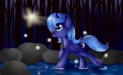 Size: 1024x628 | Tagged: safe, artist:lovermishka, princess luna, alicorn, firefly (insect), insect, pony, g4, cute, female, filly, lunabetes, open mouth, solo, woona, younger