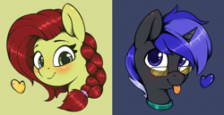 Size: 2413x1241 | Tagged: safe, artist:rexyseven, oc, oc only, oc:oil drop, oc:pixel shield, pony, unicorn, blushing, braid, bust, collar, female, glasses, heart, mare, portrait, simple background, smiling at you, tongue out