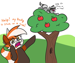 Size: 906x757 | Tagged: safe, artist:jargon scott, oc, oc only, oc:bandy cyoot, oc:pandy cyoot, hybrid, pony, raccoon, raccoon pony, red panda, red panda pony, andy milonakis, apple, apple tree, bipedal, dialogue, female, food, looking at you, mare, no pupils, pointing, sad, scared, stuck, teary eyes, the andy milonakis show, tree, wide eyes