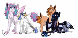 Size: 1280x630 | Tagged: safe, artist:colourstrike, princess flurry heart, oc, oc:althea, oc:comet, oc:dusk, oc:prince maximus, alicorn, earth pony, pegasus, pony, unicorn, g4, colt, cousins, female, filly, leonine tail, male, mare, next generation, offspring, older, older flurry heart, parent:king sombra, parent:princess cadance, parent:princess celestia, parent:princess luna, parent:shining armor, parents:lumbra, parents:shiningcadance, siblings, simple background, tail feathers, white background