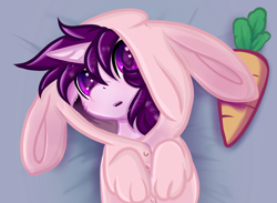 Size: 1536x1122 | Tagged: safe, artist:jas pointed, editor:xbi, oc, oc only, oc:lapush buns, bunnycorn, pony, unicorn, animal costume, bed, bunny costume, bunny ears, carrot, clothes, costume, food, from above, looking at you, on back, solo, ych result