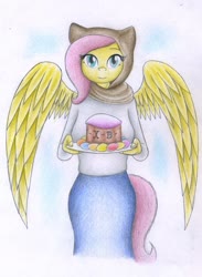 Size: 1504x2055 | Tagged: safe, artist:sinaherib, fluttershy, anthro, g4, clothes, easter, female, holiday, shirt, skirt, solo, traditional art