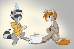 Size: 2160x1440 | Tagged: safe, artist:expression2, oc, oc only, oc:bandy cyoot, oc:itu, cake, candle, egg, food, hat, party hat