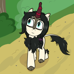 Size: 900x900 | Tagged: safe, artist:scraggleman, oc, oc only, oc:floor bored, kirin, pony, chest fluff, cloven hooves, curved horn, female, horn, mare, outdoors, smiling, solo, species swap, walking