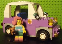Size: 1024x735 | Tagged: safe, artist:grapefruitface1, fluttershy, dog, driving miss shimmer, equestria girls, equestria girls series, g4, animal, car, customized toy, driving miss shimmer: fluttershy, irl, lego, mini cooper, minifig, moc, photo, puppy, solo focus, toy