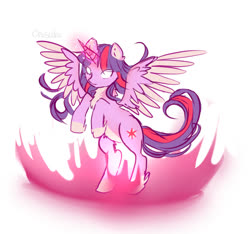 Size: 1280x1196 | Tagged: safe, artist:puddingskitty, twilight sparkle, alicorn, pony, g4, cheek fluff, chest fluff, ear fluff, female, glowing eyes, glowing horn, horn, leg fluff, magic, mare, pale belly, rearing, simple background, solo, spread wings, twilight sparkle (alicorn), two toned wings, white background, wings