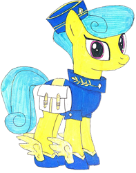 Size: 2040x2588 | Tagged: safe, artist:topsangtheman, golden hooves (g4), crystal pony, earth pony, pony, g4, clothes, female, hat, high res, looking at you, mare, simple background, solo, traditional art, transparent background