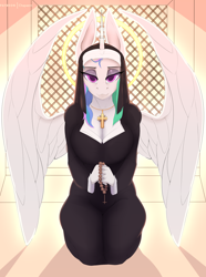 Size: 2600x3500 | Tagged: safe, artist:chapaevv, princess celestia, anthro, g4, breasts, busty princess celestia, cleavage, cross, cross necklace, female, halo, high res, jewelry, kneeling, lidded eyes, necklace, nun, nunlestia, patreon, patreon reward, rosary, solo