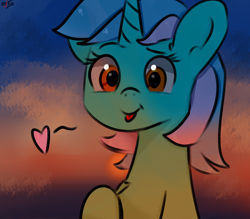 Size: 4000x3500 | Tagged: safe, artist:mjsw, lyra heartstrings, pony, unicorn, g4, cute, female, high res, lyrabetes, mare, mlem, raised hoof, silly, sky, solo, sunset, tongue out