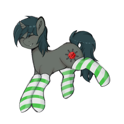 Size: 2000x2000 | Tagged: safe, artist:poofindi, oc, oc only, oc:da random, pony, unicorn, clothes, commission, cutie mark, ear fluff, eyes closed, happy, high res, jumping, shading, simple background, smiling, socks, solo, striped socks, transparent background