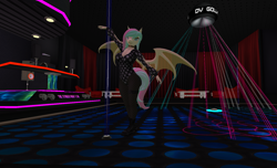 Size: 1673x1019 | Tagged: safe, artist:melimoo2000, oc, oc only, oc:static ocean stinger, bat pony, anthro, 3d, bat ears, bat pony oc, bat wings, bodysuit, boots, building, collar, couch, curtains, dance floor, dj booth, female, fishnet stockings, garter, garter belt, lights, long tail, looking at you, mare, nightclub, pole, pole dancing, posing for photo, second life, shoes, short hair, short mane, solo, speaker, stripper pole, table, tights, wings