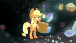 Size: 1920x1080 | Tagged: safe, screencap, applejack, earth pony, pony, dragon dropped, g4, annoyed, basket, bipedal, cave, female, gem, gem cave, hoof hold, lantern, mare, mouth hold, rearing, solo