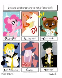 Size: 1638x2048 | Tagged: safe, alternate version, artist:umimal_pic, pinkie pie, earth pony, human, kitsune, pony, raccoon, anthro, g4, amaterasu, animal crossing, anthro with ponies, clothes, crossover, female, gintama, hat, hijikata toshiro, kagamine len, little witch academia, male, mare, music notes, okami, raised hoof, six fanarts, sucy manbavaran, tom nook, witch, witch hat