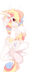 Size: 820x1920 | Tagged: safe, artist:php146, oc, oc:rainbow dreams, pegasus, pony, blushing, body pillow, body pillow design, butt fluff, chest fluff, ear fluff, eye clipping through hair, horn, leonine tail, looking at you, two toned wings, wings, ych result