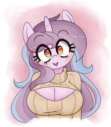 Size: 2183x2495 | Tagged: safe, artist:fullmetalpikmin, oc, oc:love scene, unicorn, anthro, boob window, breasts, cleavage, clothes, female, heart eyes, high res, lipstick, looking at you, milf, open-chest sweater, sweater, wingding eyes