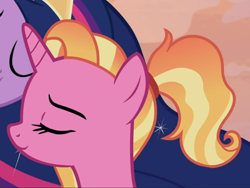 Size: 920x690 | Tagged: safe, screencap, luster dawn, twilight sparkle, alicorn, pony, g4, the last problem, cropped, eyes closed, female, nuzzling, older, older twilight, older twilight sparkle (alicorn), princess twilight 2.0, smiling, solo focus, twilight sparkle (alicorn)