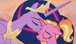 Size: 1639x938 | Tagged: safe, screencap, luster dawn, twilight sparkle, alicorn, pony, g4, the last problem, cropped, crown, cute, duo, eyes closed, female, floppy ears, jewelry, mama twilight, momlight sparkle, nuzzling, older, older twilight, older twilight sparkle (alicorn), peytral, princess twilight 2.0, regalia, smiling, twilight sparkle (alicorn)