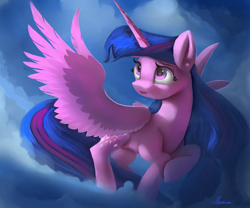 Size: 3527x2931 | Tagged: safe, artist:auroriia, twilight sparkle, alicorn, pony, g4, cloud, female, high res, mare, open mouth, slender, solo, spread wings, thin, twilight sparkle (alicorn), wings