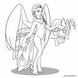 Size: 1280x1280 | Tagged: safe, artist:foxbeast, queen novo, hippogriff, human, g4, my little pony: the movie, clothes, costume, elsa, female, frozen (movie), hippogriff suit, mask, partially undressed, ponysuit, traditional art, wings