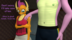 Size: 1920x1080 | Tagged: safe, artist:papadragon69, smolder, spike, anthro, g4, 3d, belly button, clothes, male, male nipples, nipples, nudity, older, older spike, partial nudity, rubbing arm, shorts, skirt, source filmmaker, tank top, topless