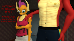 Size: 1920x1080 | Tagged: safe, artist:papadragon69, garble, smolder, anthro, g4, 3d, belly button, brother and sister, clothes, female, male, male nipples, nipples, nudity, partial nudity, rubbing arm, shorts, siblings, skirt, source filmmaker, tank top, topless