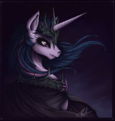 Size: 1075x1136 | Tagged: safe, artist:aserehtblue, twilight sparkle, alicorn, pony, g4, bust, cape, cloak, clothes, crown, dark, dark background, evil twilight, eyeshadow, female, jewelry, makeup, painting, regalia, solo, twilight sparkle (alicorn), tyrant sparkle, windswept mane