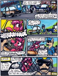 Size: 1024x1342 | Tagged: safe, artist:sketchywolf-13, berry punch, berryshine, rarity, oc, earth pony, pony, unicorn, g4, 2014, amc, amc pacer, angry, burp, car, caught, clothes, comic, driving, drunk, drunk driving, duel, female, male, mare, police car, speech bubble, stallion, text, traditional art, truck