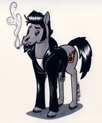 Size: 1024x1236 | Tagged: safe, artist:sketchywolf-13, oc, oc only, oc:sketchy, earth pony, pony, cigarette, clothes, cutie mark, hoers, jacket, leather jacket, male, simple background, smoking, solo, stallion, tail, traditional art, white background