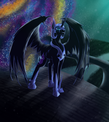 Size: 1600x1789 | Tagged: safe, artist:artfulaccidents, nightmare moon, alicorn, pony, g4, armor, ethereal mane, female, galaxy mane, glowing eyes, helmet, hoof shoes, hybrid wings, looking at you, mare, nebula mane, redesign, solo, wings