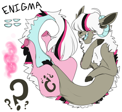 Size: 6501x6000 | Tagged: safe, artist:halokinnie, oc, oc only, oc:enigma, draconequus, draconequus oc, hair over eyes, horns, interspecies offspring, male, offspring, parent:discord, parent:pinkie pie, parents:discopie, ram horns, reference sheet, simple background, solo, white background