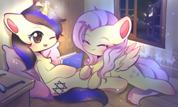 Size: 1242x750 | Tagged: safe, artist:空空, fluttershy, oc, oc:forestar, moose, pegasus, pony, unicorn, g4, blushing, book, canon x oc, cloud, cushion, cute, evening, flutterstar, glasses, indoors, love, magic, moon, night, shyabetes, sky, stars, window