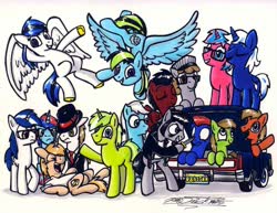 Size: 1024x792 | Tagged: oc name needed, safe, artist:sketchywolf-13, oc, oc only, oc:circuit mane, oc:sketchy, earth pony, pegasus, pony, unicorn, car, clothes, cutie mark, female, hat, horn, jacket, knife, leather jacket, lincoln (car), lincoln continental, male, mare, simple background, stallion, tail, traditional art, trunk, white background, wings