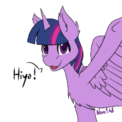 Size: 2000x2000 | Tagged: safe, artist:noxi1_48, twilight sparkle, alicorn, pony, g4, animated, chest fluff, cute, dialogue, ear fluff, female, high res, looking at you, mare, simple background, smile and wave, solo, speech bubble, talking to viewer, transparent background, twiabetes, twilight sparkle (alicorn), waving