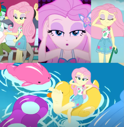 Size: 829x849 | Tagged: safe, fluttershy, equestria girls, equestria girls series, g4, i'm on a yacht, spoiler:eqg series (season 2), adorasexy, armpits, barefoot, beautiful, clothes, collage, cute, dancer, feet, flutterfeet, hair, legs, neon eg logo, sexy, sleeveless, wiggling toes