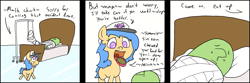 Size: 1305x434 | Tagged: safe, artist:happy harvey, oc, oc only, oc:anon, oc:little league, earth pony, human, pony, adult, bed, caring, caring for the sick, cast, chewing, colored pupils, comic, dialogue, eating, feeding, female, filly, food, in bed, male, phone drawing, talking with your mouth full, walking