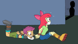 Size: 1913x1080 | Tagged: safe, artist:bugssonicx, apple bloom, scootaloo, human, equestria girls, g4, bloomsub, bondage, boots, bound and gagged, clothes, crying, damsel in distress, female, femsub, gag, help, help us, jeans, kidnapped, mouth hold, one eye closed, pants, scared, scootasub, shadow, shirt, shoes, shorts, struggling, submissive, sweat, teary eyes, tied up, uh oh, untying