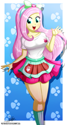 Size: 1020x1900 | Tagged: safe, artist:the-butch-x, fluttershy, equestria girls, g4, my little pony equestria girls: better together, my little pony equestria girls: summertime shorts, pet project, adorasexy, beautiful, beautisexy, bow, breasts, busty fluttershy, clothes, commission, cute, female, hair bow, happy, legs, open mouth, paw prints, sexy, shyabetes, signature, skirt, solo, thighs