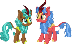 Size: 2429x1500 | Tagged: safe, artist:cloudy glow, biscuit, spur, kirin, g4, cloudyglow is trying to murder us, cloven hooves, colored hooves, cute, duo, female, freckles, kirin-ified, looking at each other, male, simple background, species swap, spurbetes, transparent background
