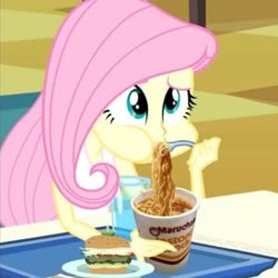 Size: 632x632 | Tagged: safe, edit, edited screencap, screencap, fluttershy, equestria girls, g4, my little pony equestria girls, cropped, cup noodles, female, food, noodles, puffy cheeks, ramen, ramen face, solo, veggie burger