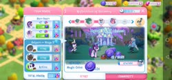 Size: 2312x1080 | Tagged: safe, gameloft, screencap, mistmane, princess eris, rarity, smolder, starlight glimmer, stygian, well-to-do, dragon, minotaur, pony, unicorn, g4, ancient wonderbolts uniform, armor, clothes, gem, mummy, sgt. rarity, uniform