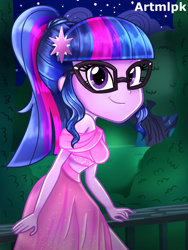 Size: 1536x2048 | Tagged: safe, artist:artmlpk, sci-twi, twilight sparkle, equestria girls, g4, adorable face, adorkable, beautiful, bench, beret, clothes, cute, design, digital art, dork, dress, fashion, female, hat, looking at you, outfit, park, park bench, ponytail, smiling, smiling at you, solo, twiabetes