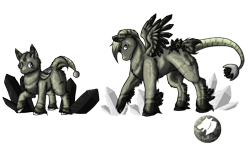 Size: 2417x1404 | Tagged: safe, artist:wendigold, oc, oc only, oc:beryl, original species, augmented tail, crystal, duo, male, mineralite, raised hoof, simple background, transparent background, unshorn fetlocks, wings