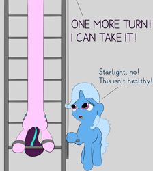 Size: 1860x2074 | Tagged: safe, artist:vultraz, starlight glimmer, trixie, pony, unicorn, g4, both cutie marks, dialogue, duo, female, floppy ears, gray background, long glimmer, mare, rack, simple background, stretching, stretchy, text, worried