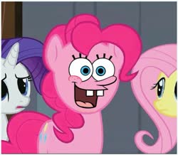 Size: 713x623 | Tagged: safe, artist:samueldavillo, edit, edited screencap, screencap, fluttershy, pinkie pie, rarity, g4, the last roundup, cropped, cursed image, face swap, male, spongebob squarepants, spongebob squarepants (character)